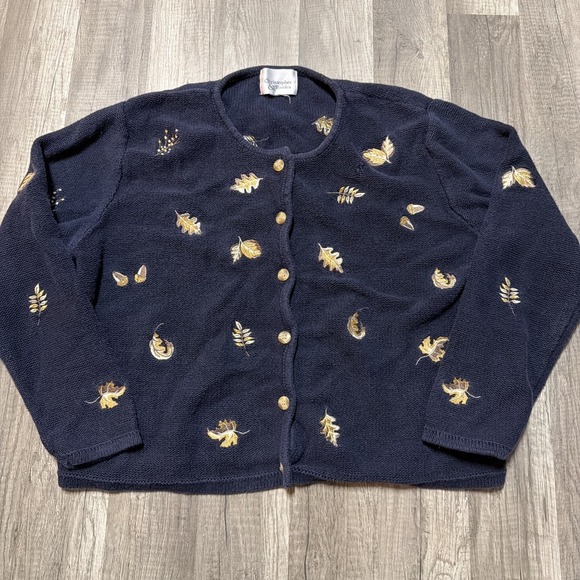 Christopher & Banks Sweaters - Vtg CHRISTOPHER & BANKS Navy Embroidered Nuts and Leaves M? Button Up Cardigan